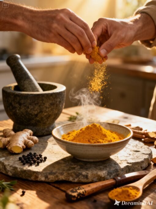 Padrão Saúde 3 Pó de cúrcuma em destaque sobre colher de madeira.